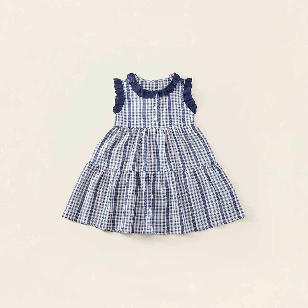 2026 New Summer 2-7Y Childrens Clothes Korean Style Fresh Plaid Girls Dress with Ruffled Lace Cuffs Half-open Button