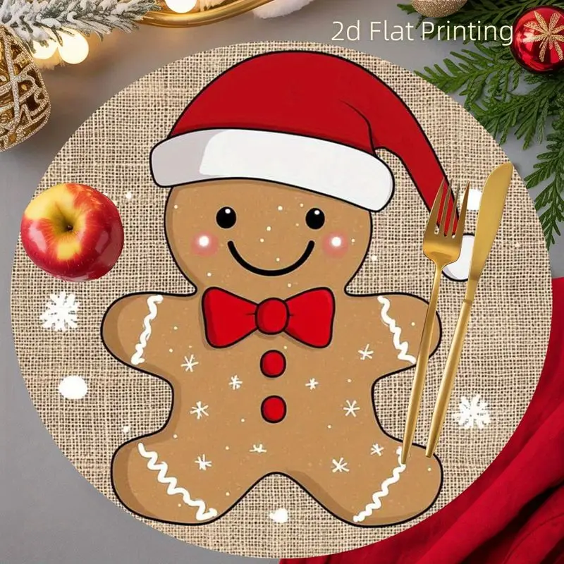 VIKAMA Christmas Round Placemat Gingerbread Man Santa Hat Snowflake Beige Xmas Round Table Mat Non Slip Washable Holiday Dining
