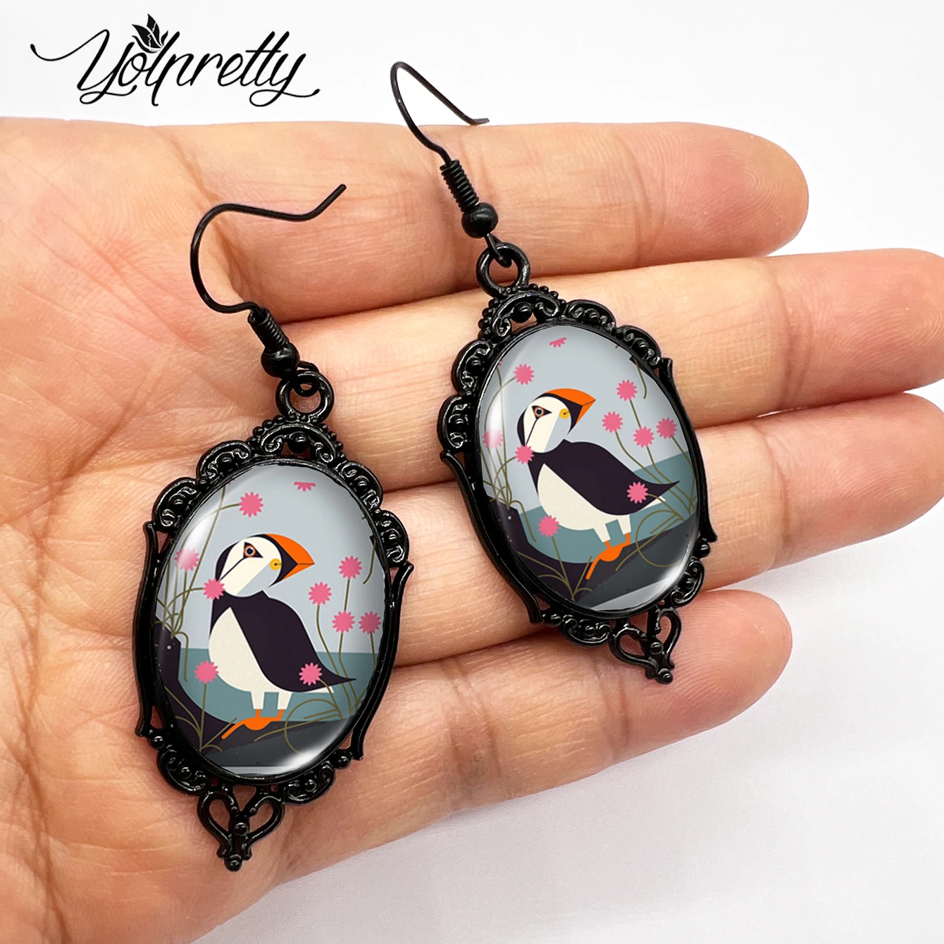 New Cute Arctic puffin Picture Oval Glass Cabochon Handmade Fish Hook Black Flower Shaped Dangle Earrings