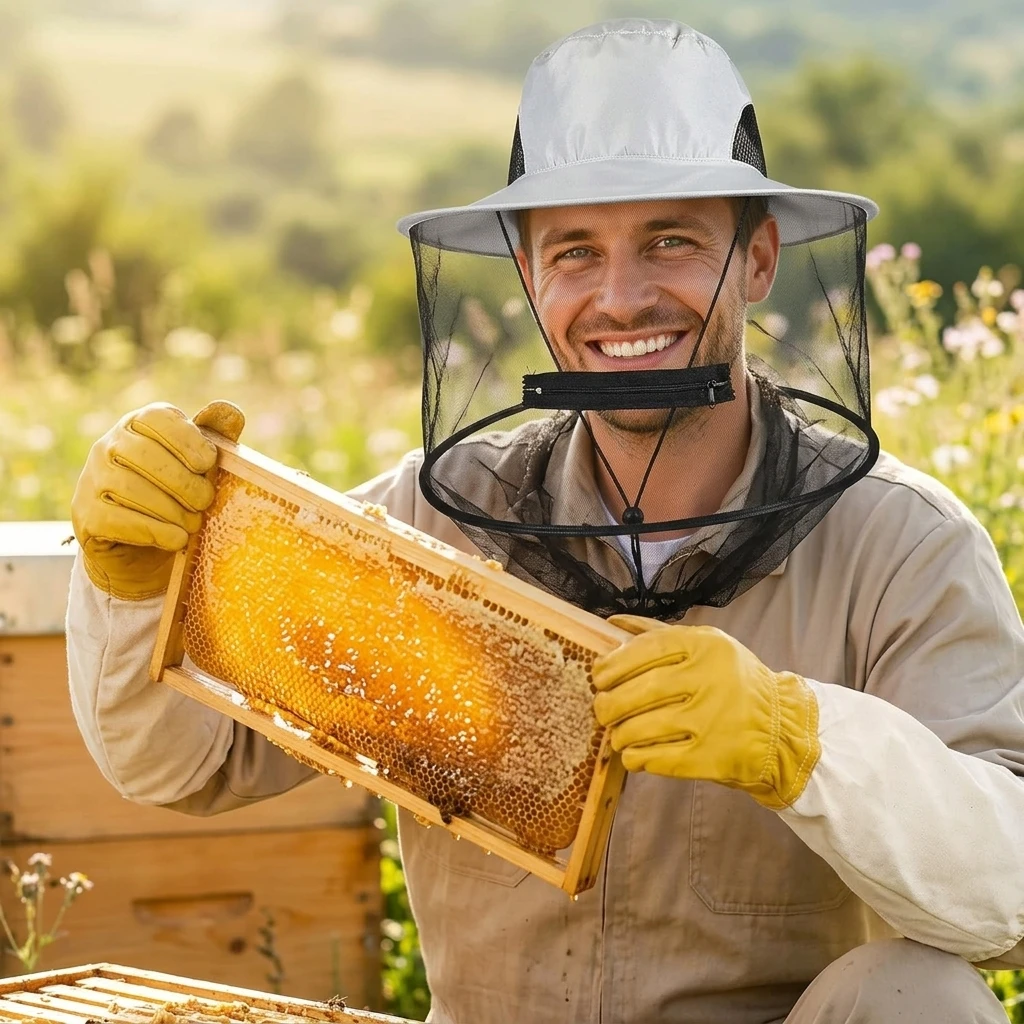 Professional Beekeepers Protective Gear Set Goat Leather Gloves and Breathable Veil for Apiary Use Sting Resistant Durable