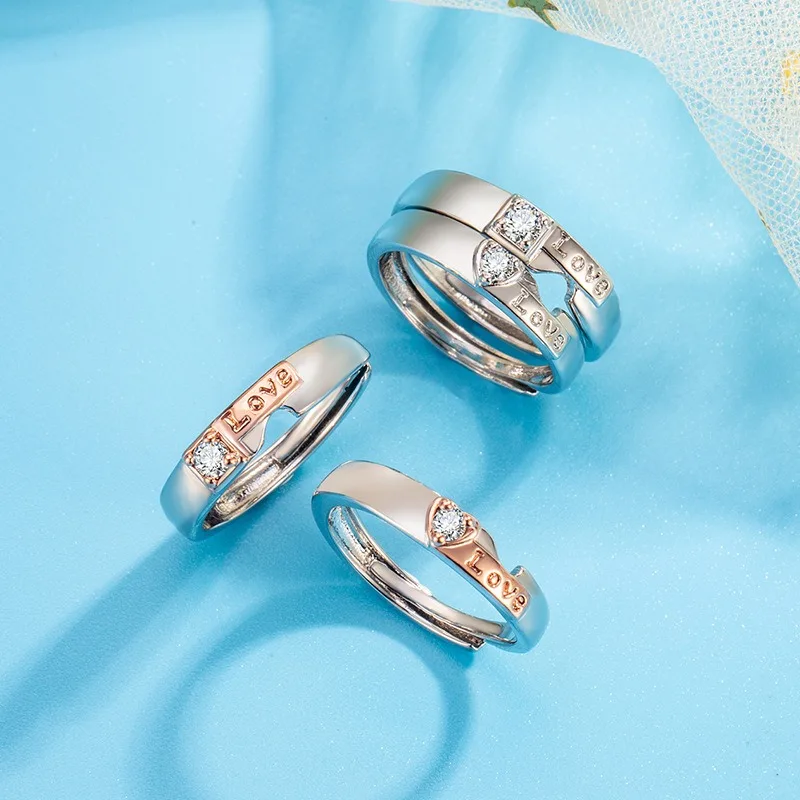 

Two tone patchwork heart set with diamonds couple rings for daily commuting/dating/wedding/anniversary gifts