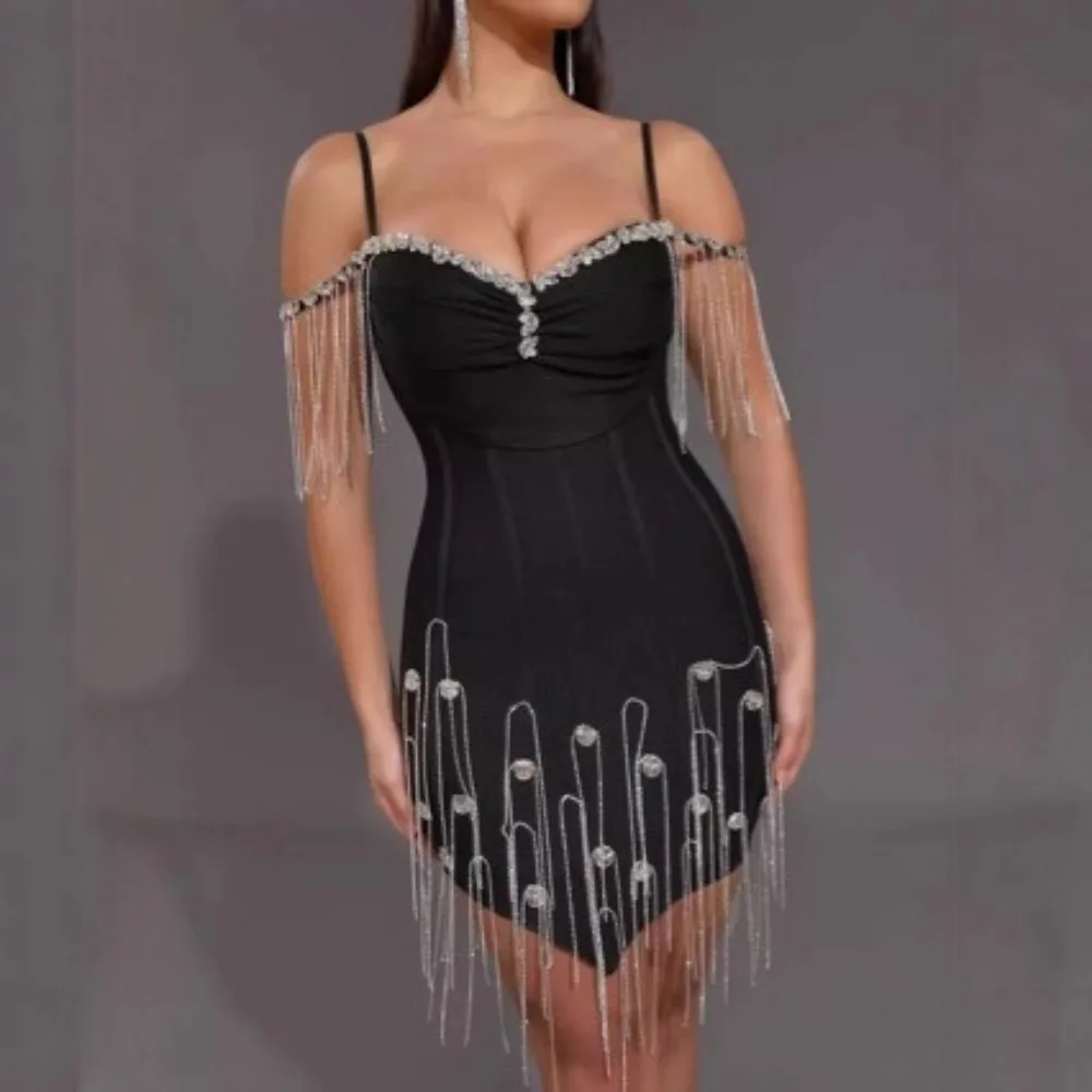 

2026 Women's Luxury Rhinestone Tassel Low-Chest Hip Sling Short Dress Fashion Hot Party Bandage Evening Gown Performance Costume