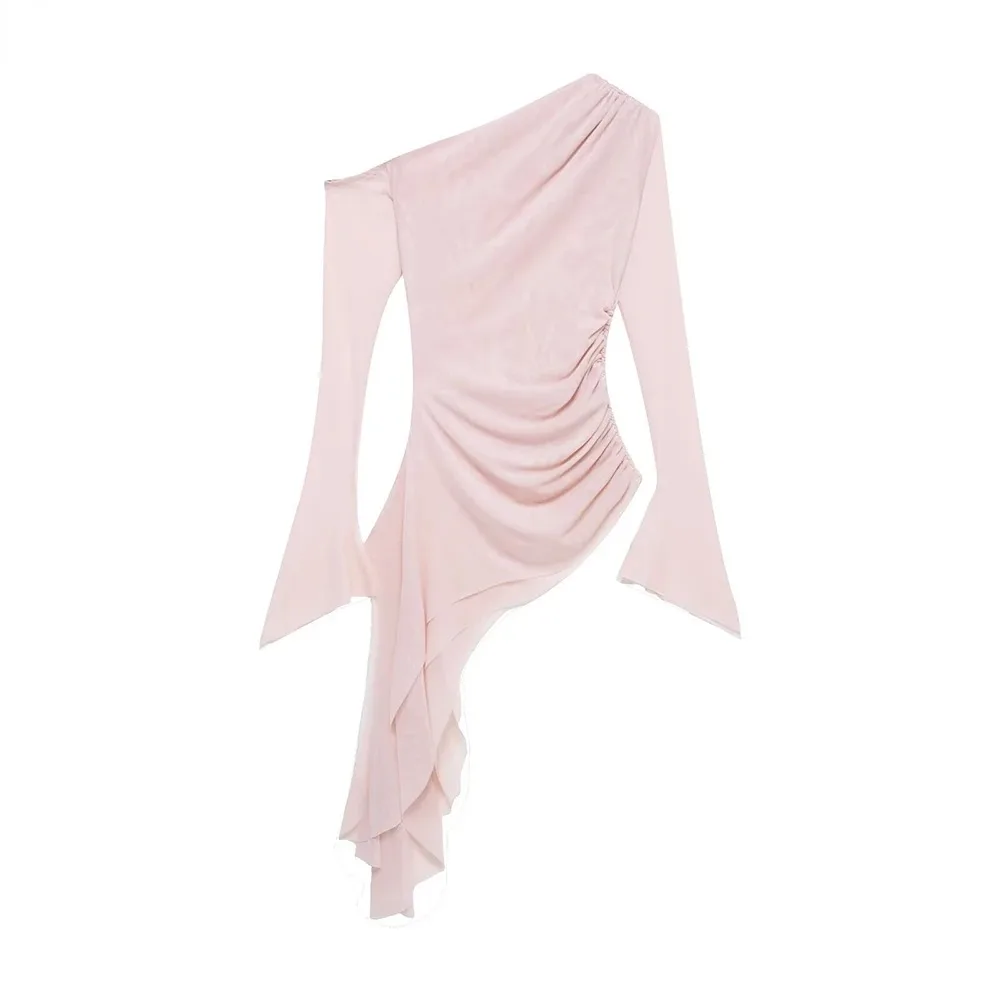 Nuovo Top asimmetrico in maglia di seta da donna Casual collo a barchetta senza spalline Slim Knit Manica lunga 2025 Primavera Estate Tulle Plissettato Top