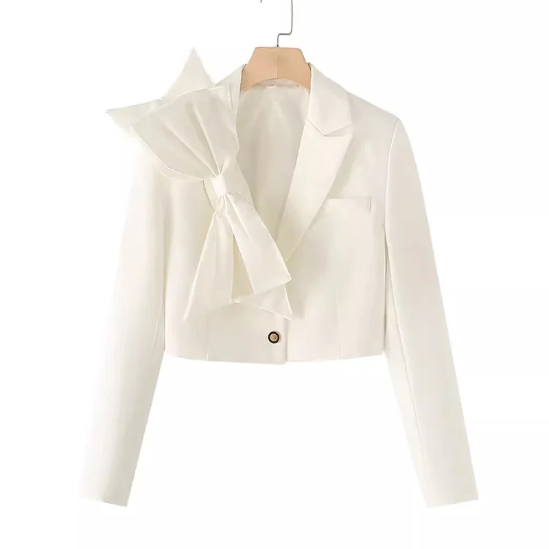 High Quality Short White Suit Jacket Spring Women Fashion Bow Decoration Notched Collar Single Button Long Sleeve Blazers Coat