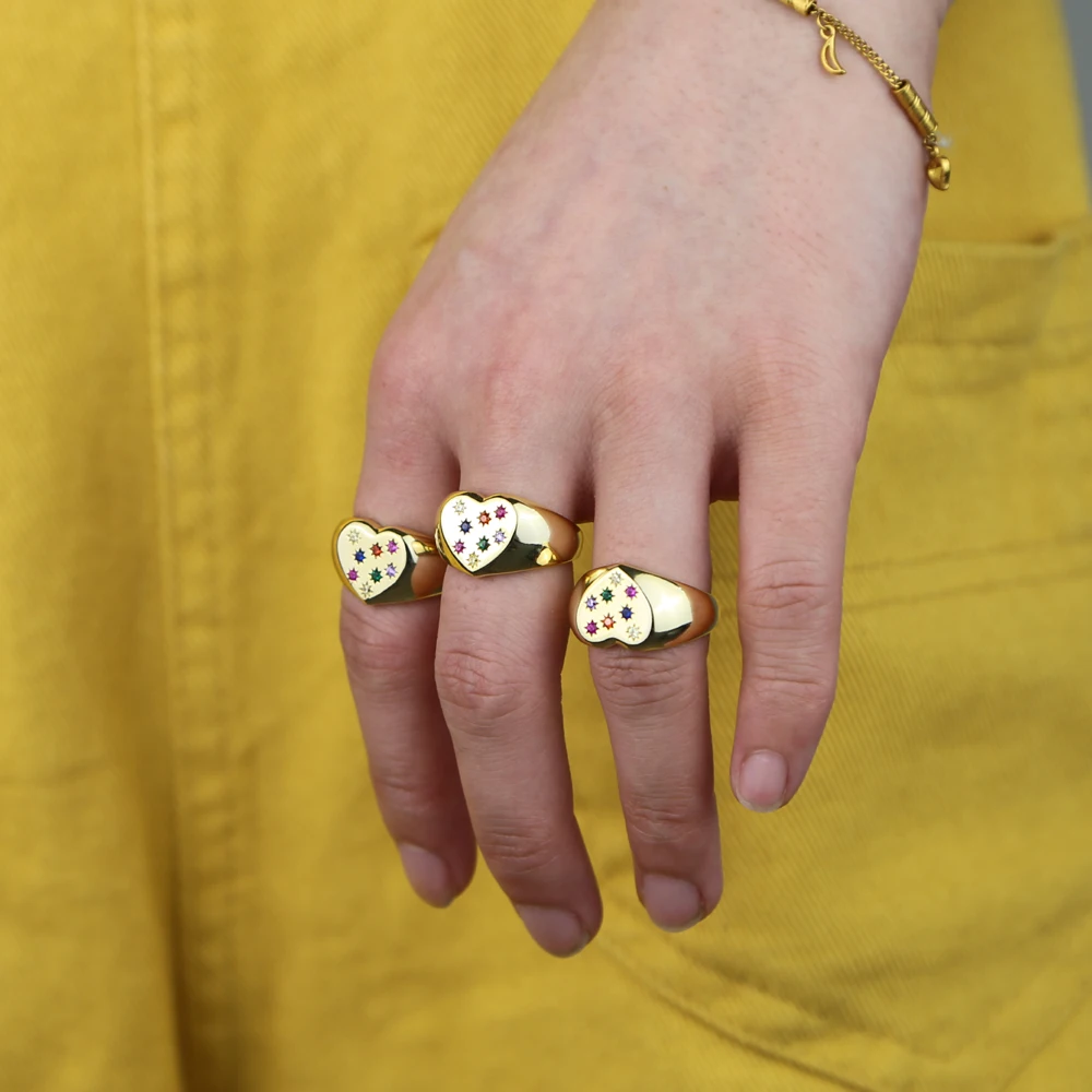 Heart shape star signet ring Gold color filled fashion european women rainbow cz inset engagement rings