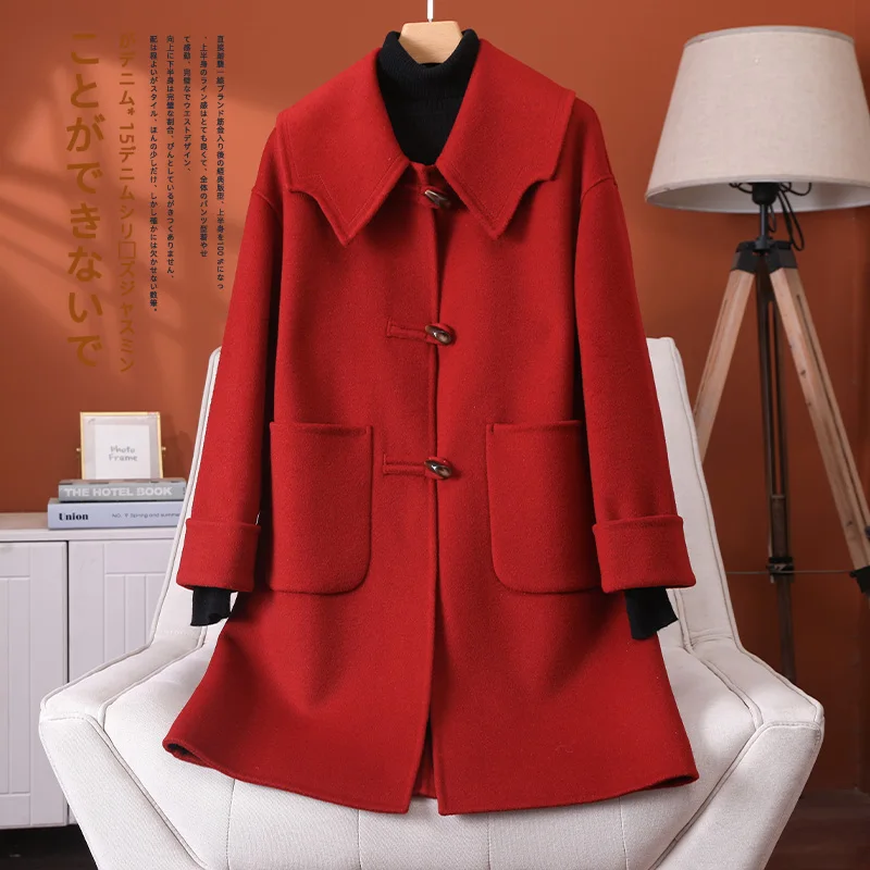 

2025 Fashion Large Lapel Horn Button Women's Coat Autumn and Winter New Double-Sided Woolen 100%Pure Wool Warm Coat Large Pocket