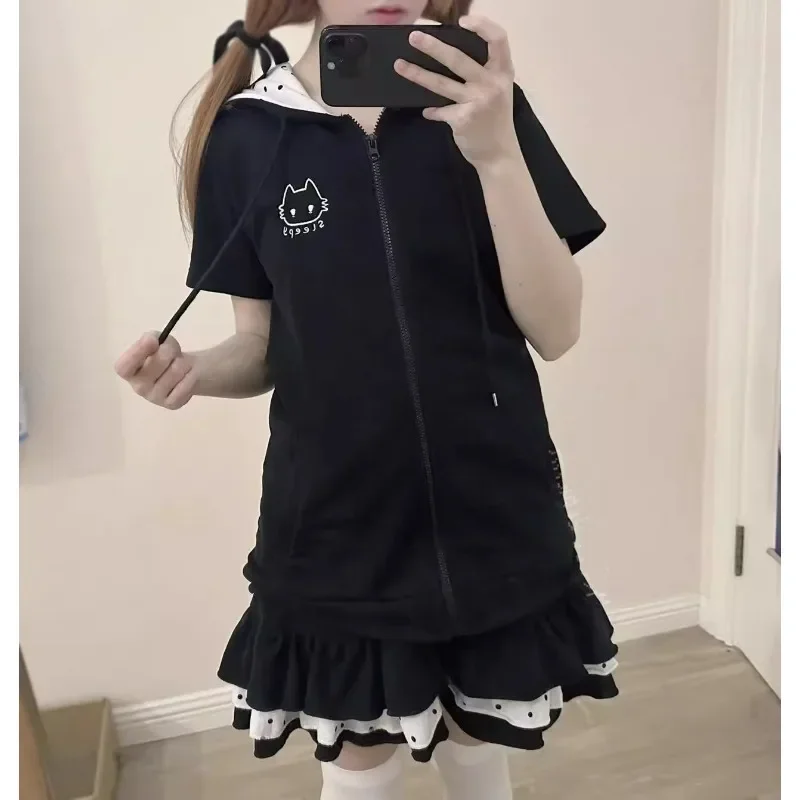 

Black Polka Dot Short Sleeve Jacket with Hooded Cat Ear Coat Cute Japanese Autumn Y2k Cartoon Y2k Harajuku Casual Women Tops