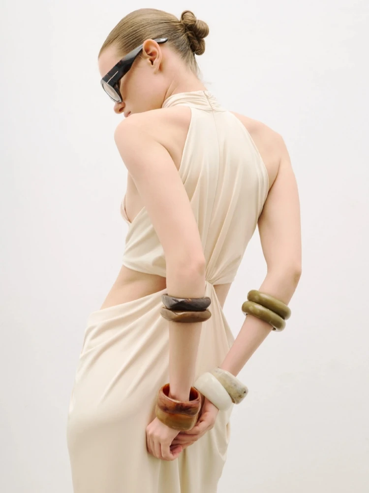 Sexy O Neck Twist Knot Hollow Out Long Dress Women Sleeveless Cutout Folds Bodycon Dresses Evening Party Cocktail Gowns