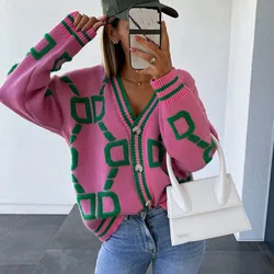 Różowy sweter kardigan moda damska V Neck z długim rękawem jednorzędowy sweter płaszcz Retro luźny swobodny top z dzianiny sweter