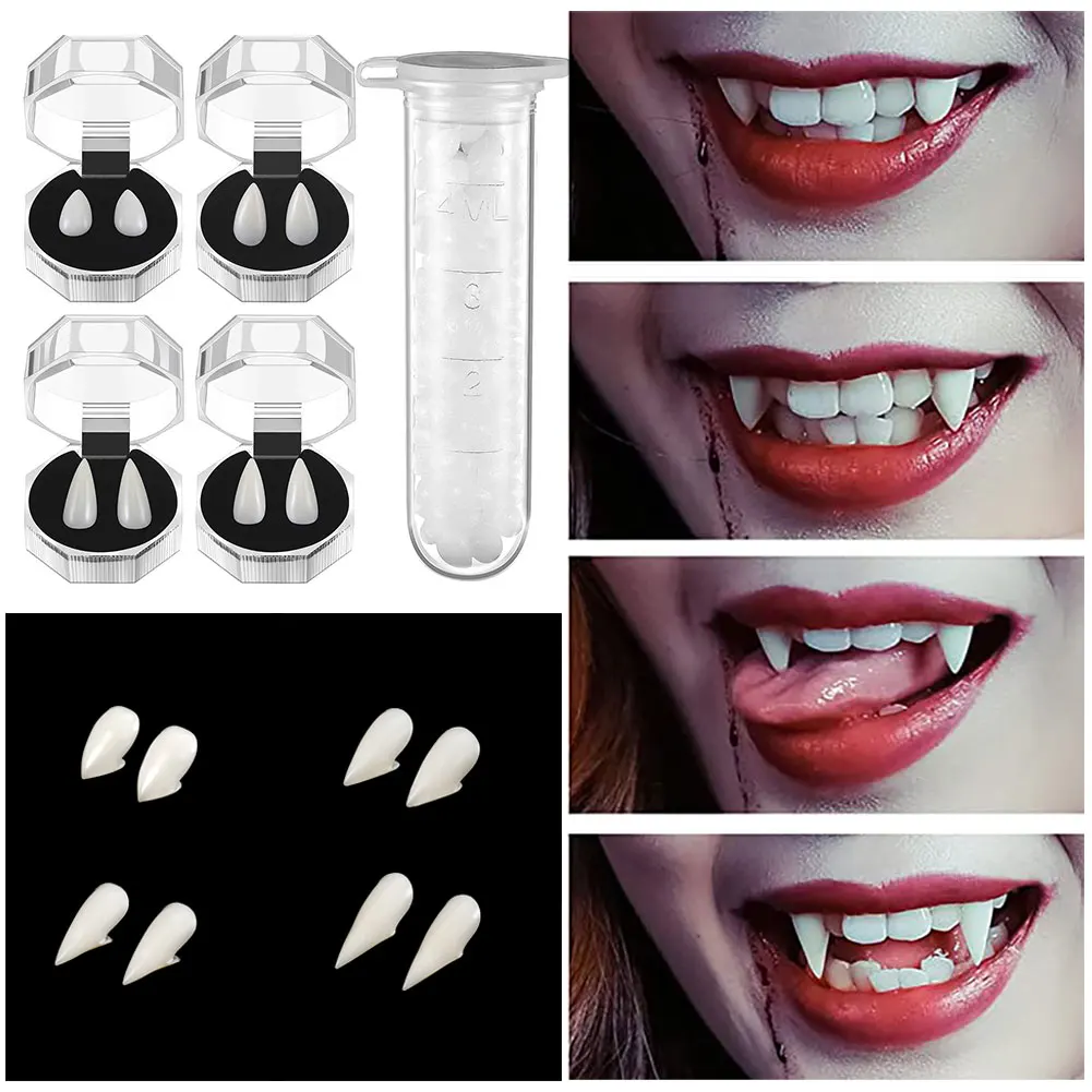 1 Pair Vampire Teeth Fangs Dentures Props Halloween Costume Props False Teeth Solid Glue Denture Adhesive Halloween Party Decor