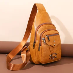 Vintage Solid Colour Soft PU Leather Chest Bags For Women Anti-theft Small Backpack Female Trendy Rivet Sling Bag 2024 Trended