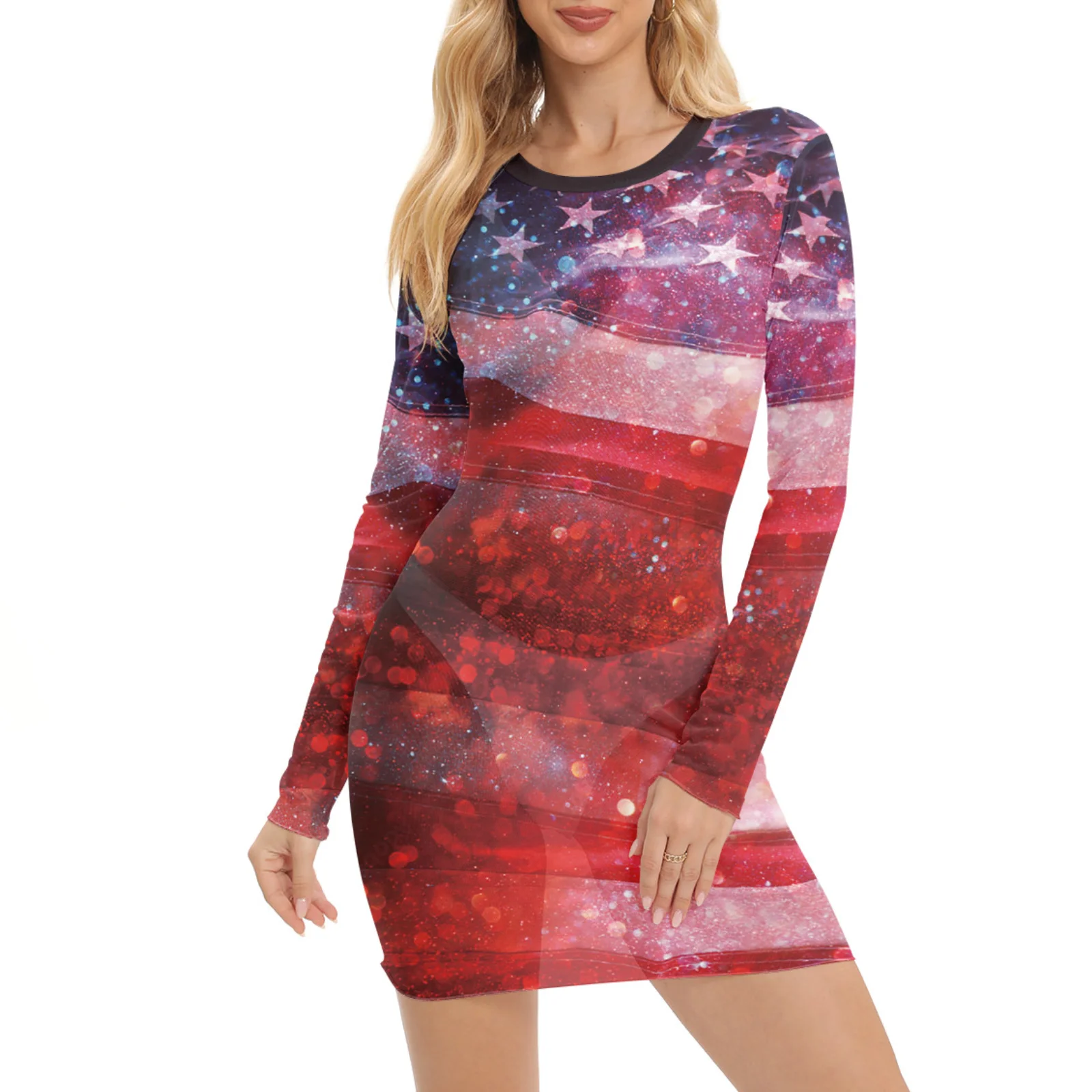 Vestido de malla Visible para mujer, traje de fiesta del Día de la independencia, patrón de bandera, ropa Sexy, 4 de julio