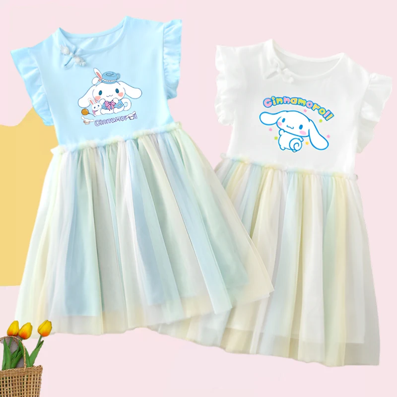

Miniso Anime Cinnamoroll Children's Dress Kawaii Cotton Girl's Chinese Style Cartoon Fashion Sweet Casual Sleeveless Yarn Skirt
