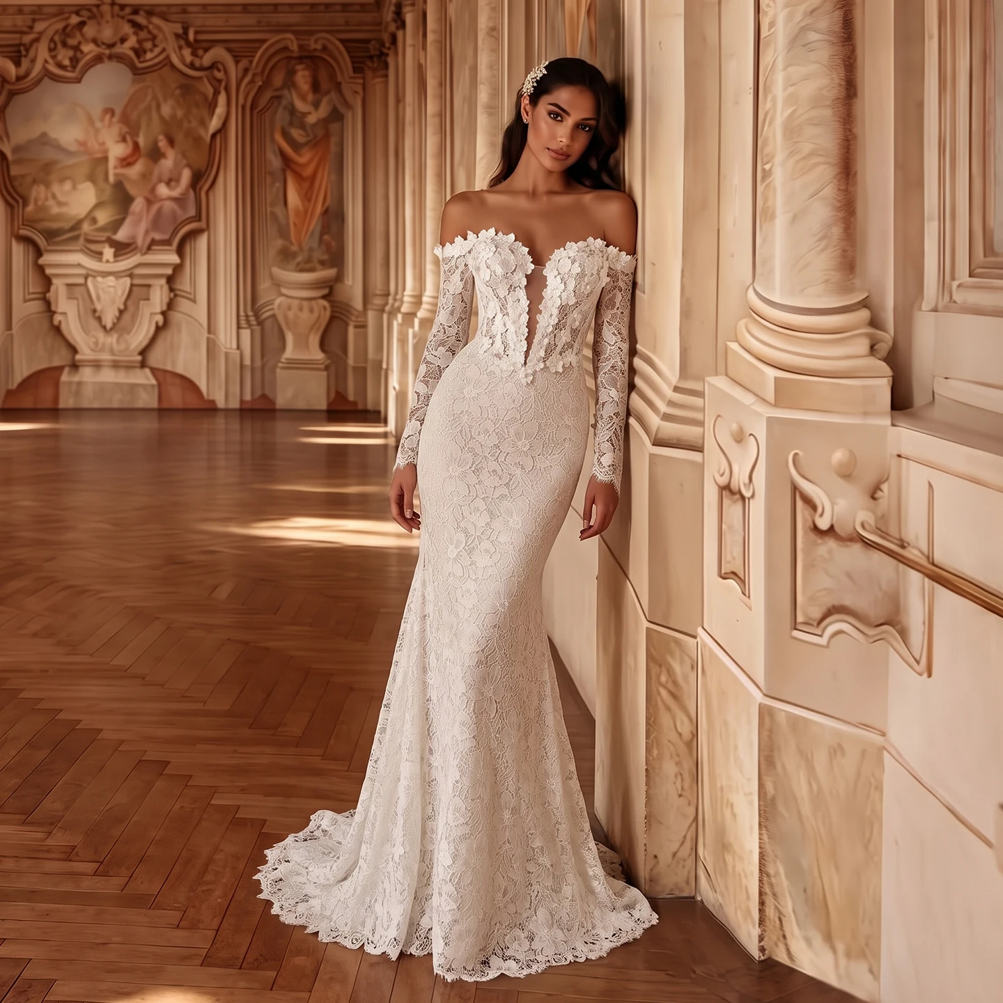 Sheer Fairy Wedding Dresses Elegant Mermaid Off Shoulder Lace 3D Floral Appliques Dubai Bridal Gown with Train SW689 Customized
