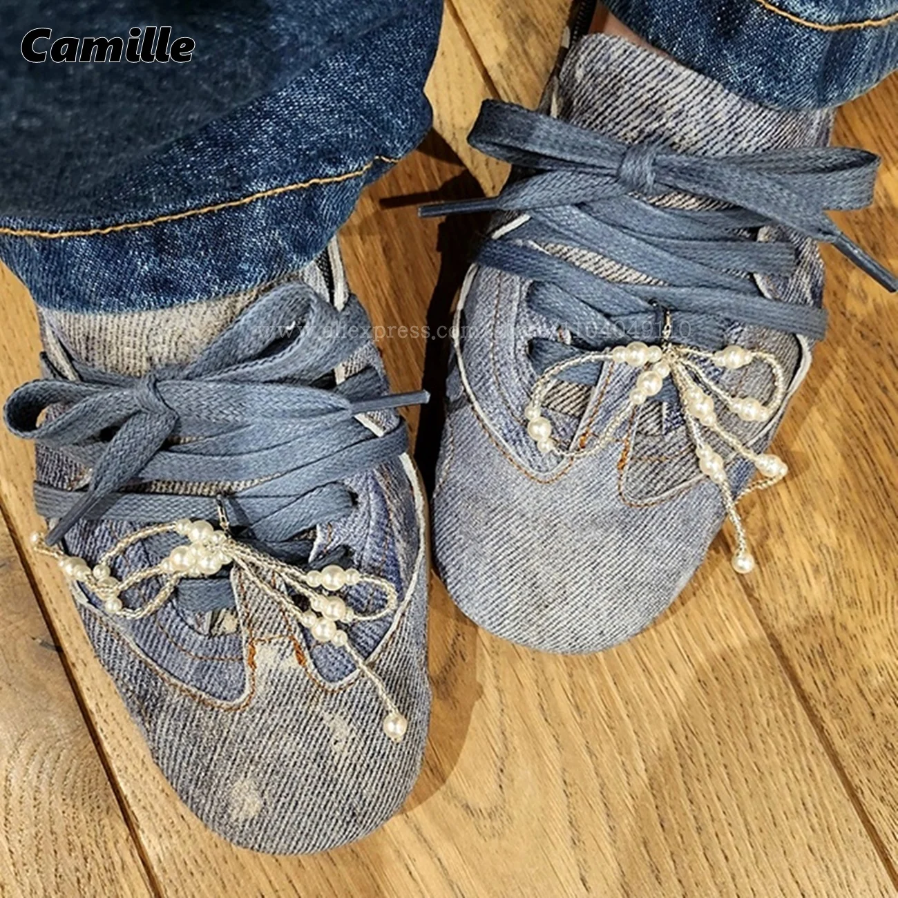 

Retro Denim Blue Bow-Knot Ballet Knot Ballet Flats Genuine Leather Elastic Band Casual Shoes Round Toe Sheepskin Sole Sneakers