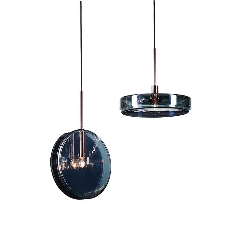 Modern Circular Dark Blue Glass Shade Horizontal / Vertical Pendant Lights E27 Bulb Wire Hanging Biscuit Droplights Living Room