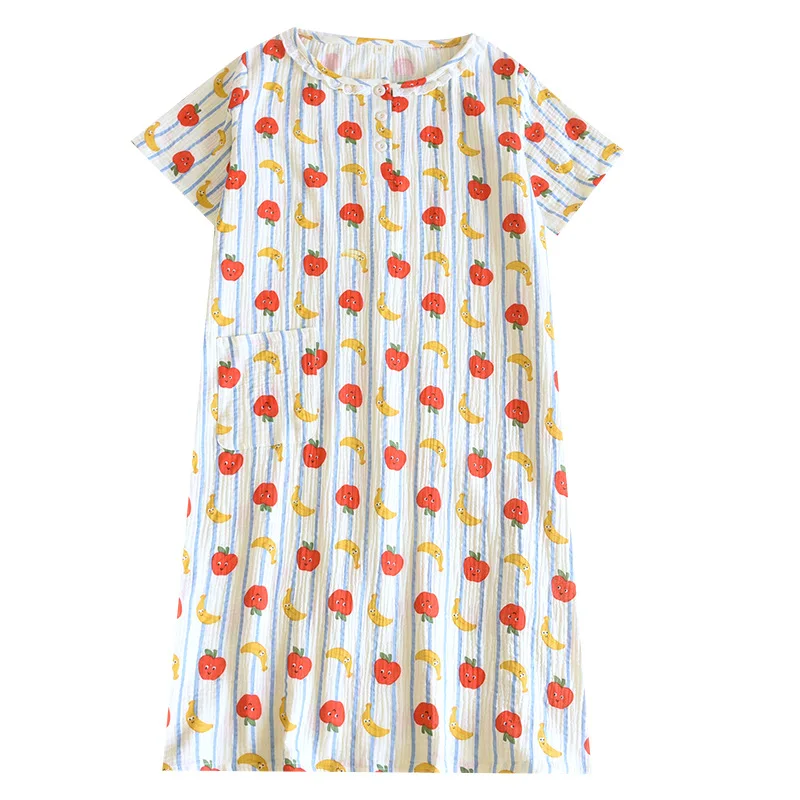 Pijamas de mujer Primavera Verano gasa de algodón puro de manga corta dulce camisón suelto fino cuello redondo falda para el hogar