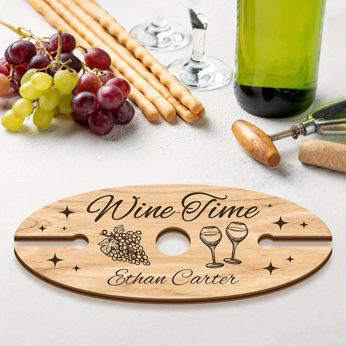 1PC Customizable Recycled Wood Wine Glass Holder with Elegant 'Wine Time' Design for Home Bar Personalized Name/Text Engraving