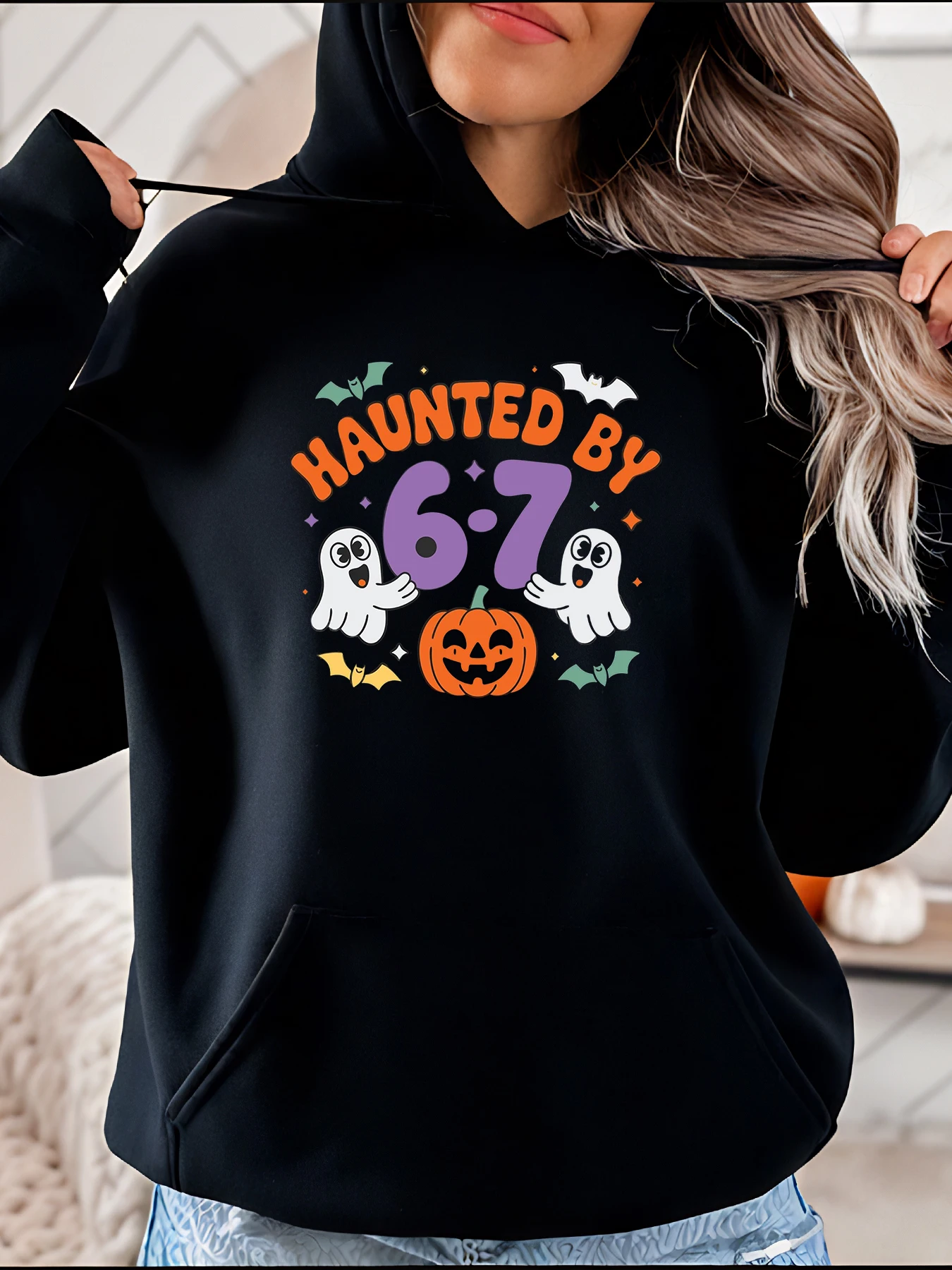 

Halloween Hoodie Haunted by 6-7 Ghost Pumpkin Print Women's Casual Sweatshirt Autumn Seasonal Costume Apparel
