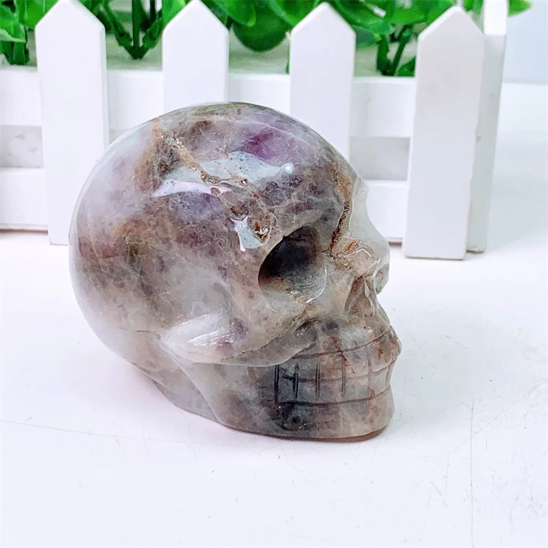 Natural Dream amethyst Skull Carving Sculpture, Healing Gemstone, Crystal Crafts, Home Decoration Ornament, 1PC, 0.381kg