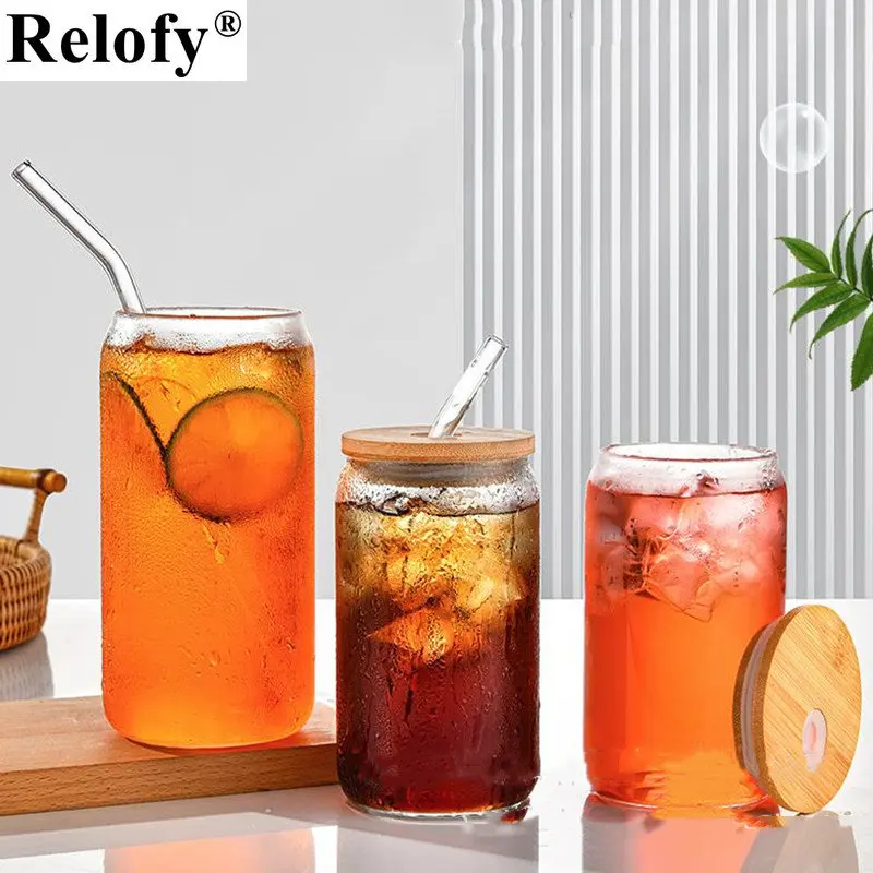 

Clear Coke Round Glass Cups Set Household Simple Coffee Milk Juice Water Bottle with Wooden Lid and Straw Drinkware，4pcs/6pcs