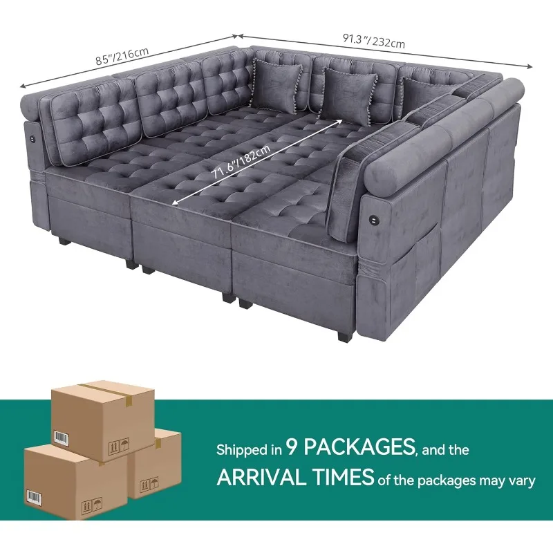 Modular Sectional Sofa, Versatile U-Shaped Couch with Ample Storage, Memory Foam, 9-Seat Convertible Sofa with Adjustable