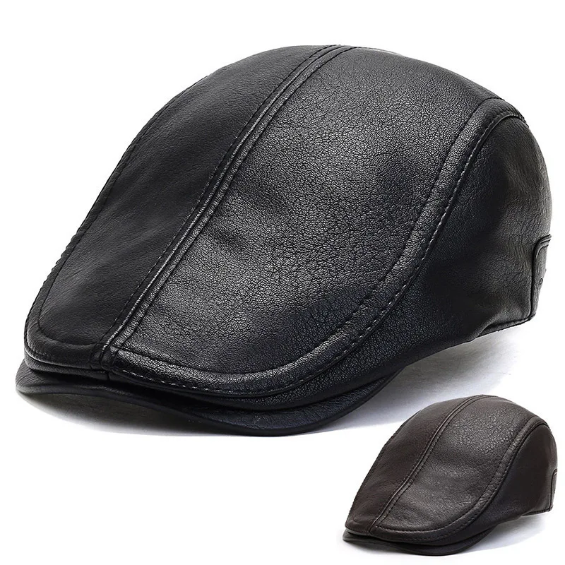 Leather Flat Cap Elderly Men Daily Casual Ivy Cap Winter Autumn Windproof Faux Leather British Vintage Middle Aged Newsboy Cap