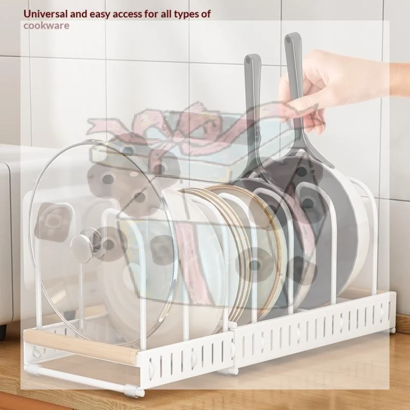 

【CC】Expandable Pots And Pans Organizer Rack Adjustable Kitchen Cookware Holder With Bamboo Base