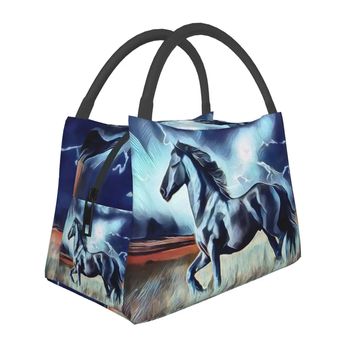 Night Storm And A Black Stallion Horse Art Lunch Bags Bento Box Lunch Tote Picnic Bags Thermal Bag for Woman Student Work