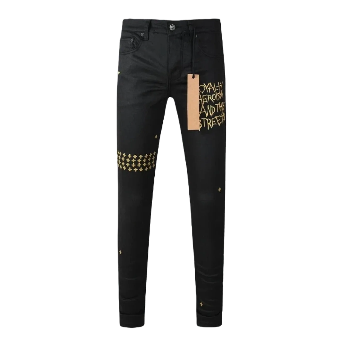 

High-quality embroidered jeans, featuring black and gold graffiti letter embroidery designs, with a high street style