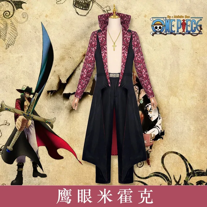 Film d'azione dal vivo Dracule Mihawk Costume Cosplay Stand-Up Stampa nera Maniche lunghe Cappotto Trench Uniforme Set completo Uomo Suit5;c,