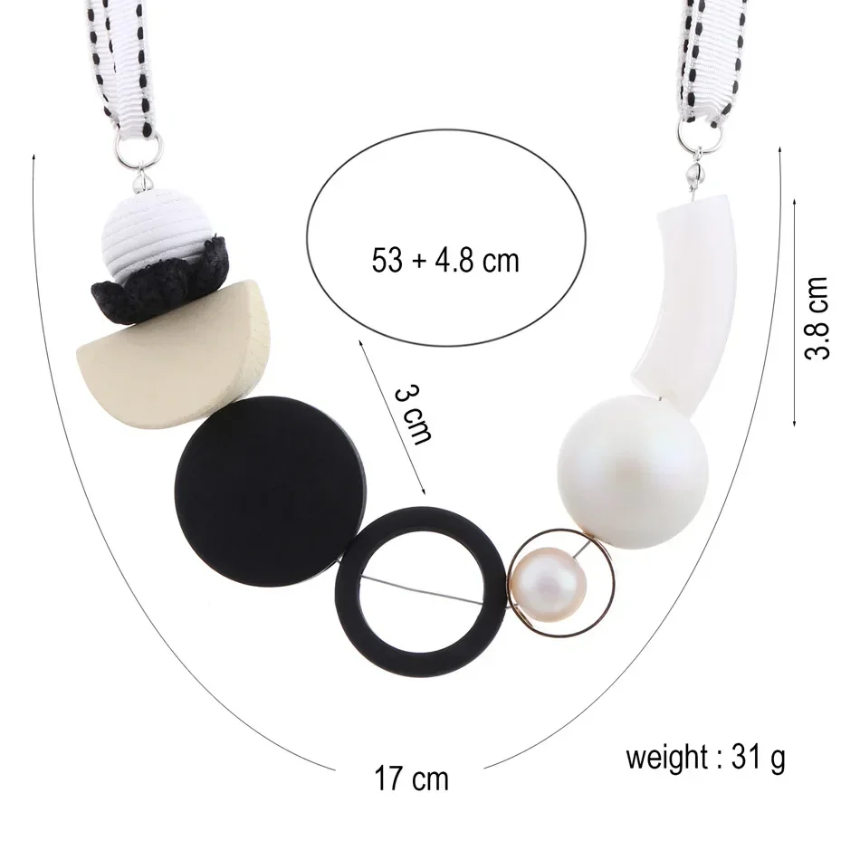 Geometric Circle Wooden Round Sweater Chain Necklaces Imitation Pearls Necklace for Woman Girl Jewelry