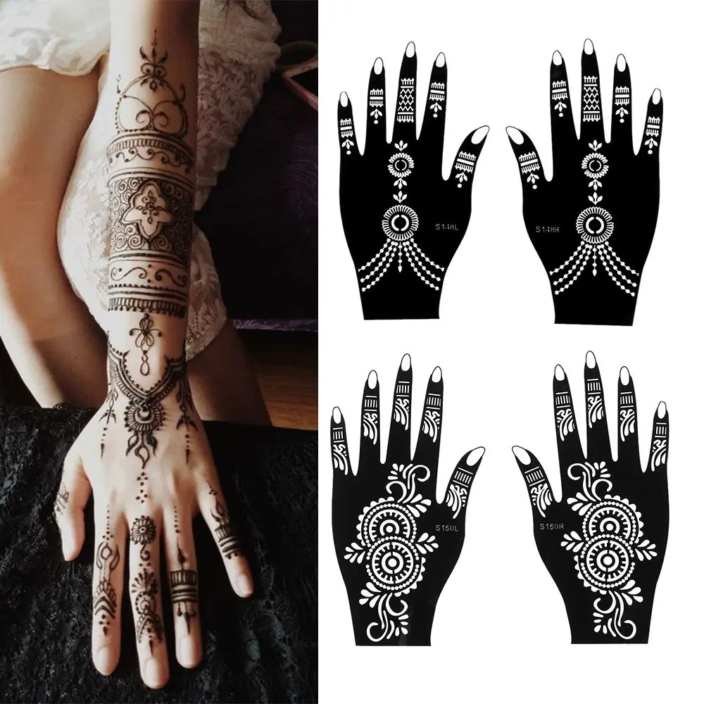 Stensil tato Henna untuk tangan, 1 pasang tato tangan sementara, templat stiker seni tubuh, alat Kit Henna untuk lukisan pernikahan India