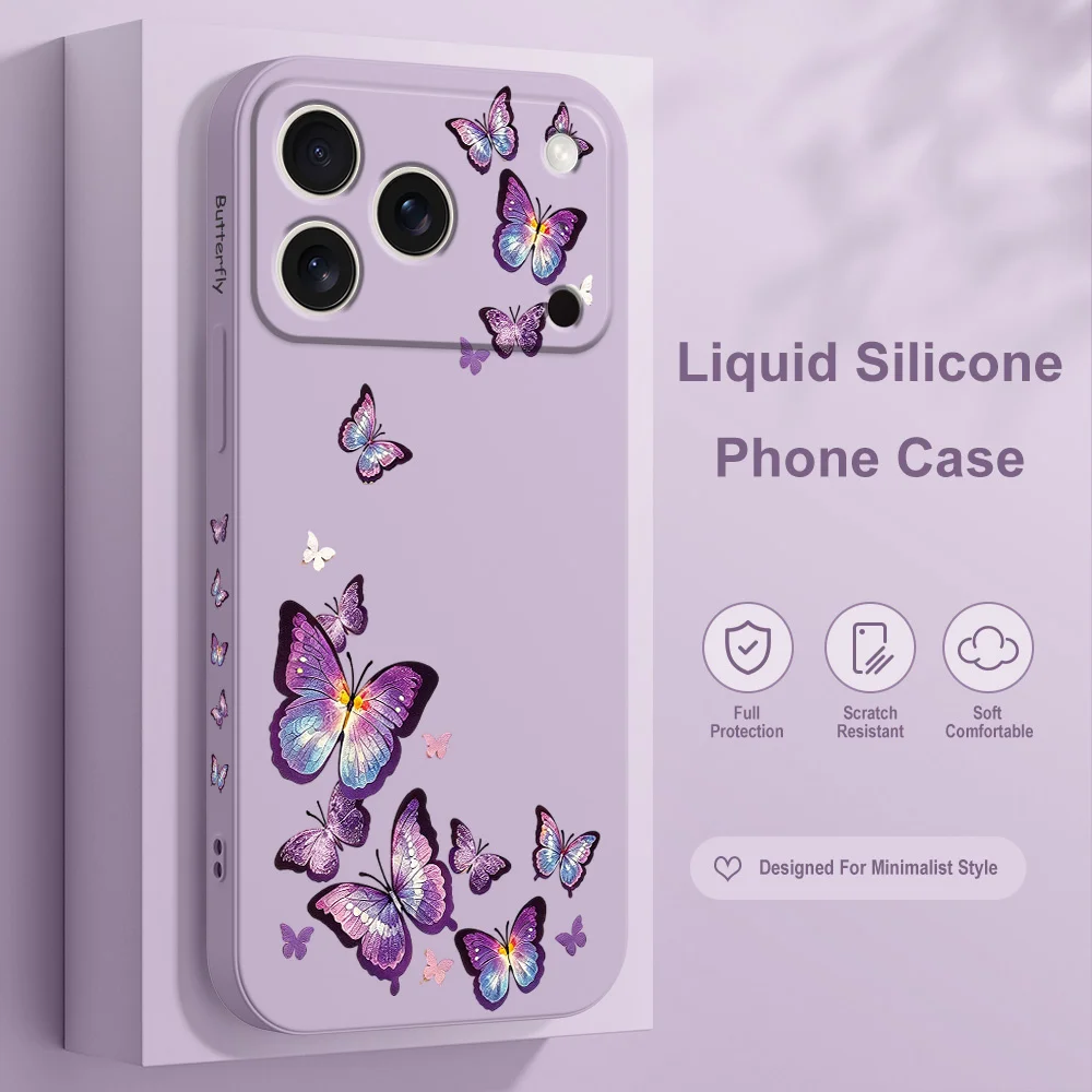Funda de Silicona Líquida Suave Butterfly Rush para iPhone 17 17E Air 16 16E 15 14 13 12 11 Pro Max Plus