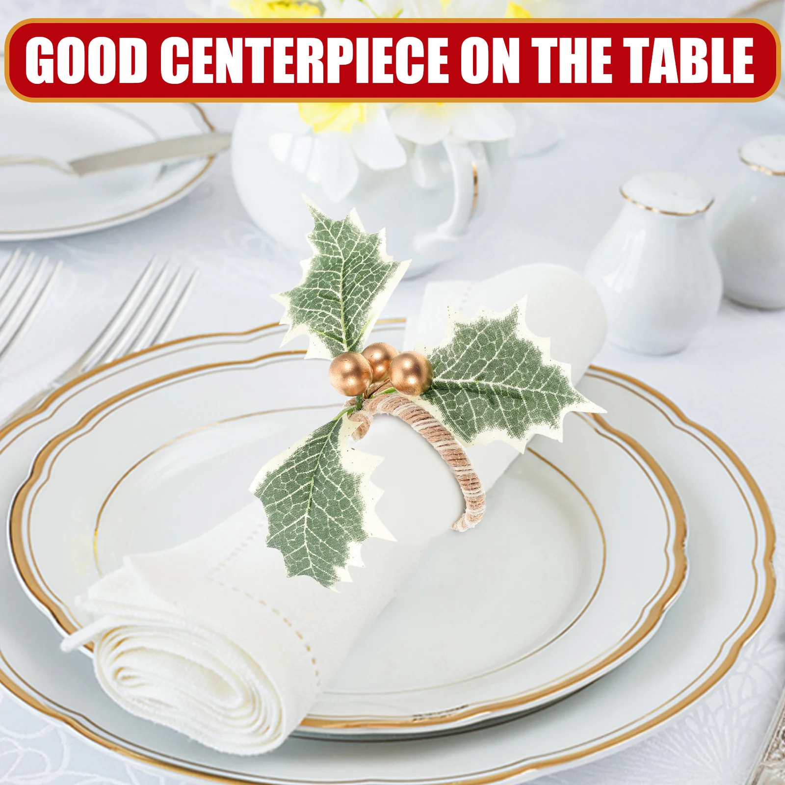 

6 Pcs Napkin Ring Set Ups Christmas Berries Berry Green Leaf Rings Artificial Leaves and Serviette