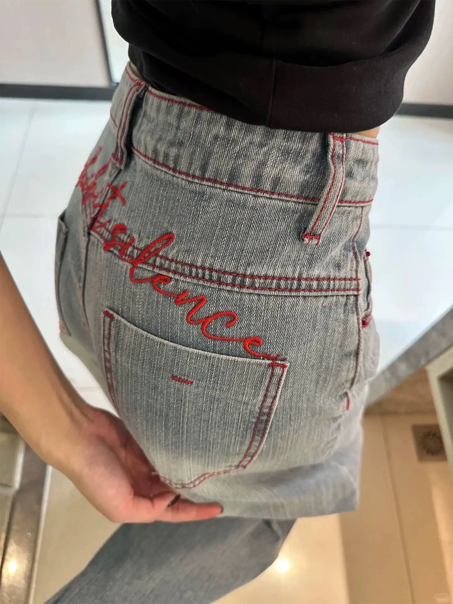 

Y2K Light Blue Embroidered Wide Leg Jeans High Waisted Loose Curved Knife Pants for Women Spring Summer