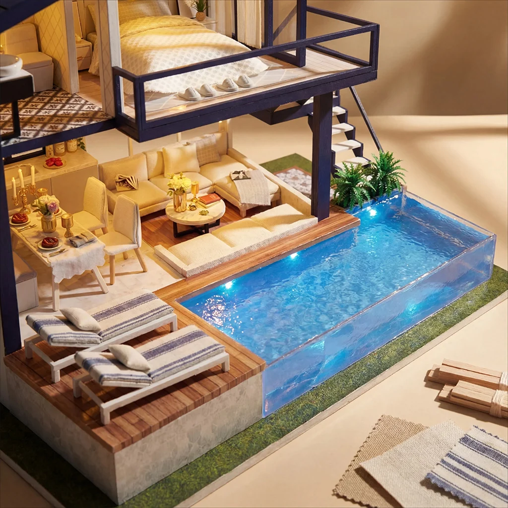 OUZEY Kit modello in legno per casa delle bambole con appartamento temporale fai-da-te, oltre 14 set di costruzione di ville creative, regalo di compleanno educativo per adulti e adolescenti