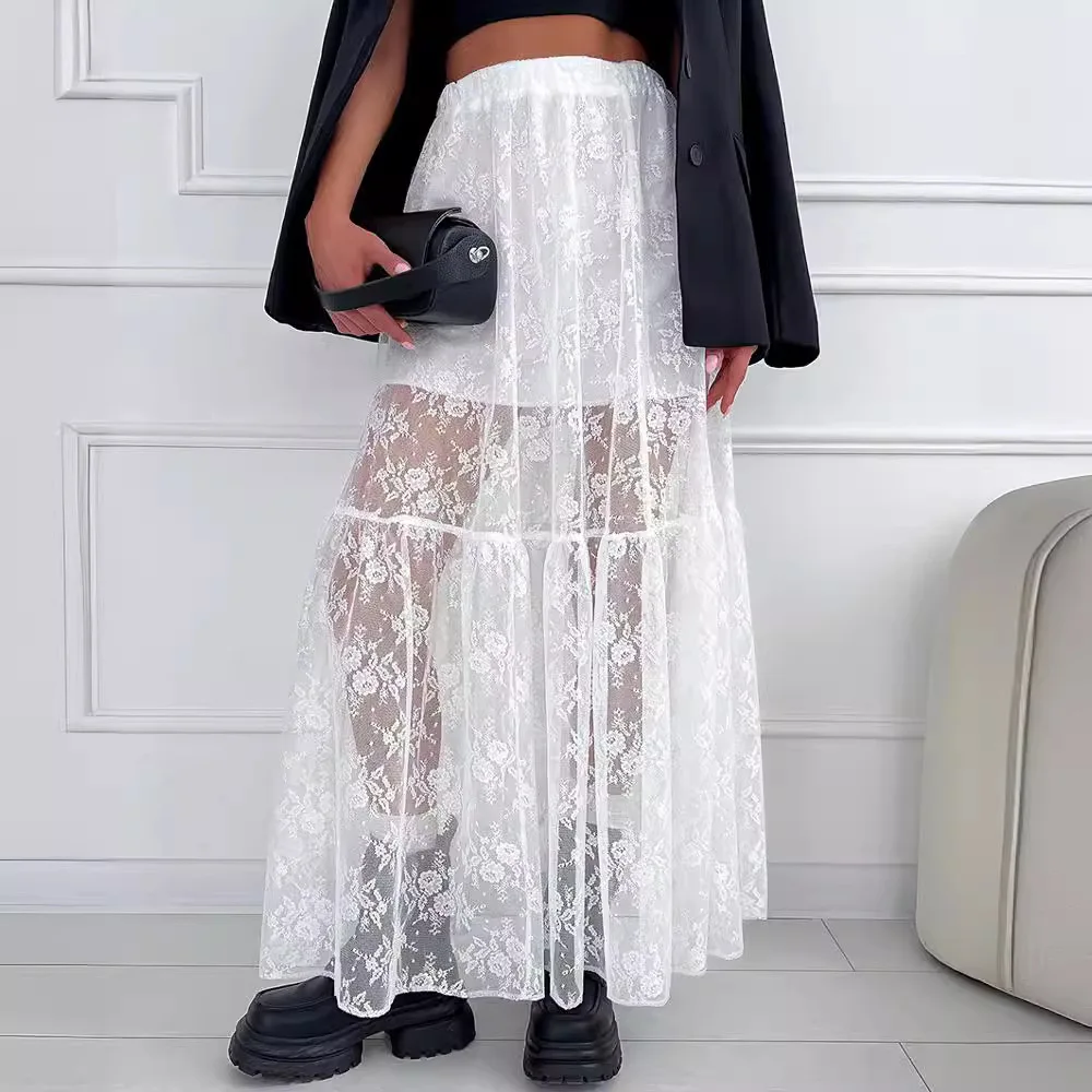 

Women See-Through Lace A-Line Skirts Casual Summer Solid Color Elastic Waist Long Skirt for Beach Vacation Club