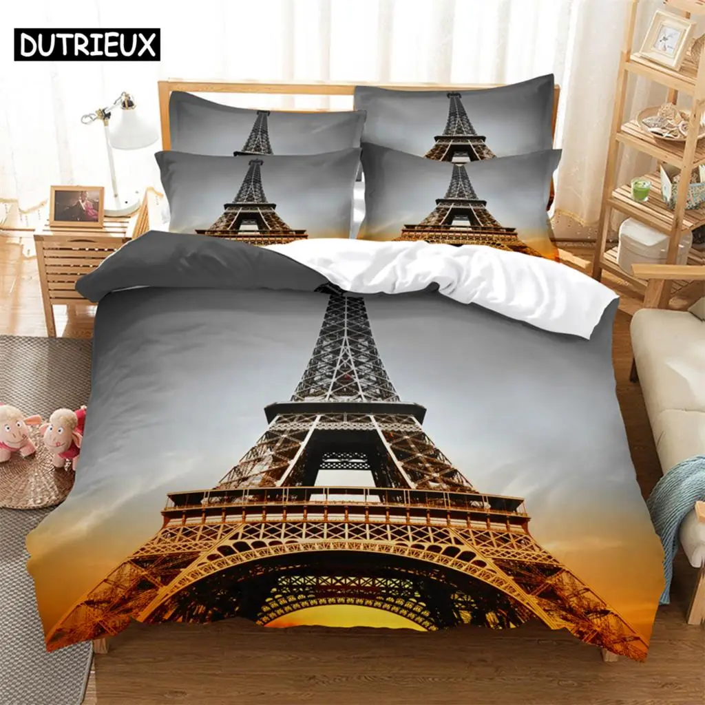 

3D Digital - Printed Iron Tower - Themed Queen - Sized Duvet Cover Set with Fashionable Design for Bed Linen