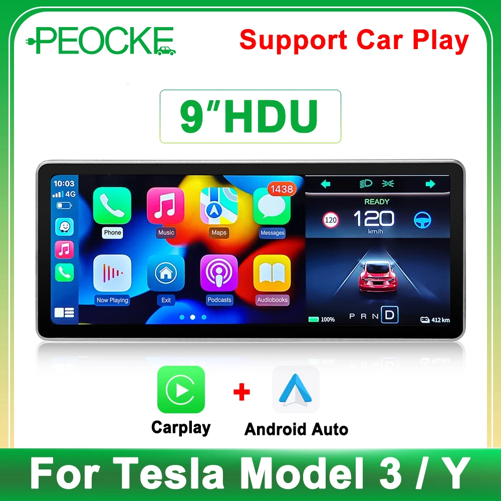 PEOCKE 9\'\' Heads Up Display for Tesla Model 3 Y Digital Dashboard Center Console Touch Screen Wireless Carplay Power Speed WiFi