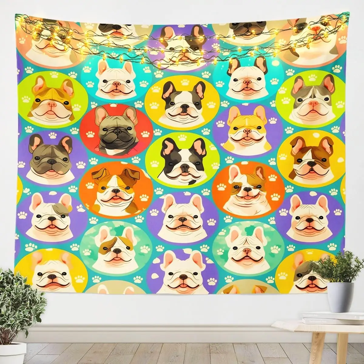 Colorful French Bulldog Tapestry, Cute Frenchie Dog Faces Print Wall Hanging for Dog Lovers Bedroom Living Room Home Decor