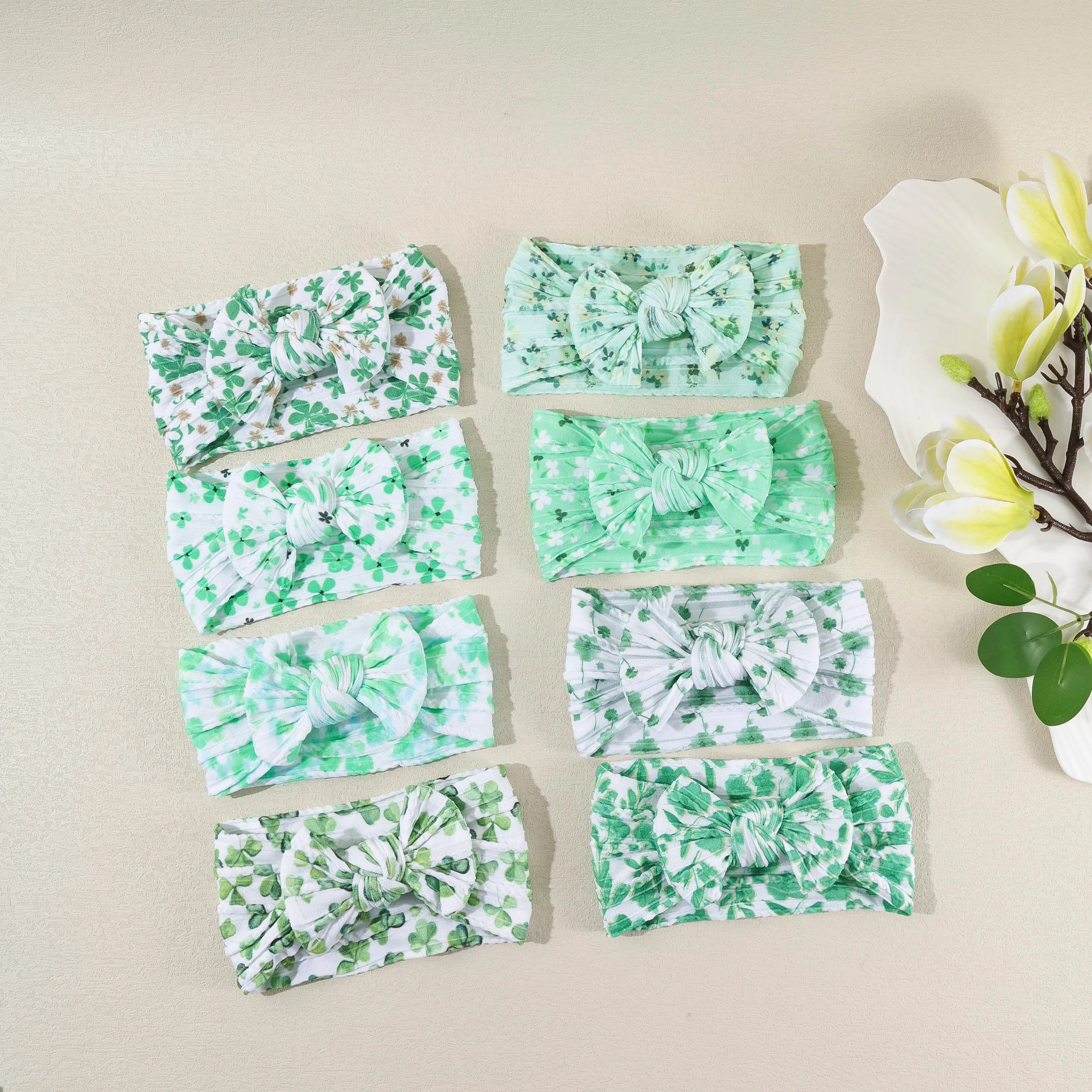 20pcs-floral-print-nylon-headbands-cable-knit-turban-st-patrick's-day-hair-accessories-for-baby-girls-kids-bulk-pack