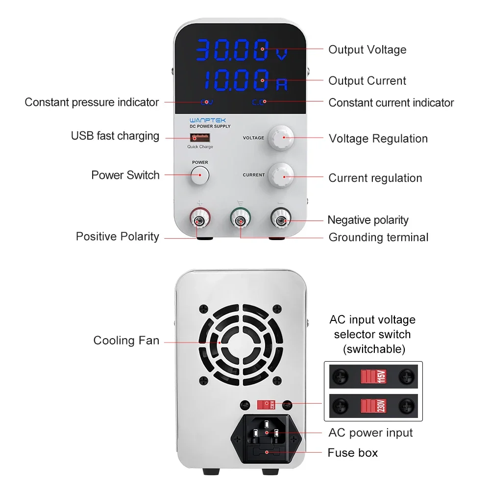 Imagem -04 - Wanptek Fonte de Alimentação dc Ajustável Laboratório Regulador de Tensão Estabilizado Fonte do Interruptor 30v 10a 60v 5a 120v 3a 110v 220v