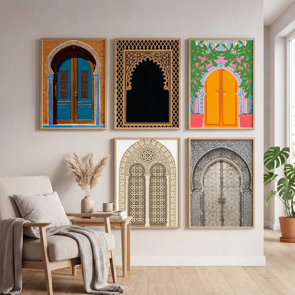 Marokko-Tür Arabisches Klassisches Anime-Poster Selbstklebende Kunst Wasserfeste Papieraufkleber Kaffeehaus Bar Zimmer Wanddekoration