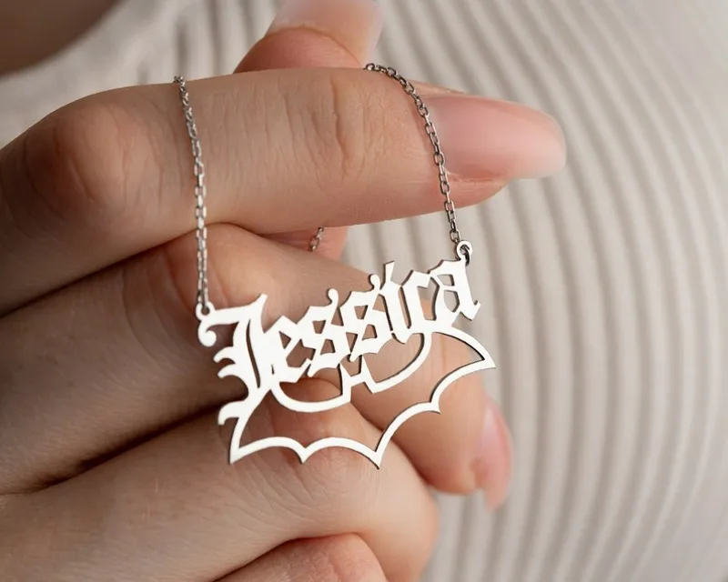 

Bat Name Necklace Custom Gothic Necklace Bat Pendant Personalized Tiny Bat Necklace Punk Jewelry Birthday Gift Halloween