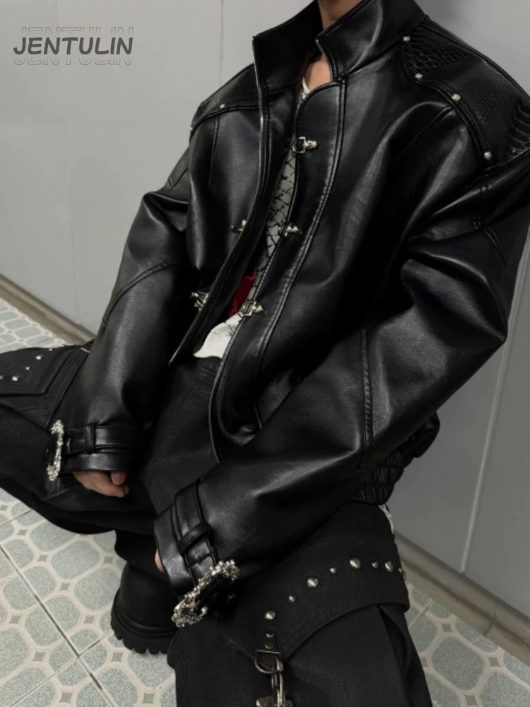 Man Y2K Gothic Punk Faux Leather Jacket Vintage Rivet Buckle Stand Collar Coat Lining Cropped Outerwear Grunge Rock Streetwea