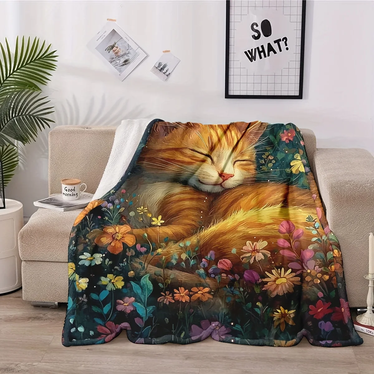 

Sleeping Cat Blanket - Soft Home Throw for Room Decor, Unique Gift Idea, Serene Feline in Floral Garden Design, Cozy Nap Time