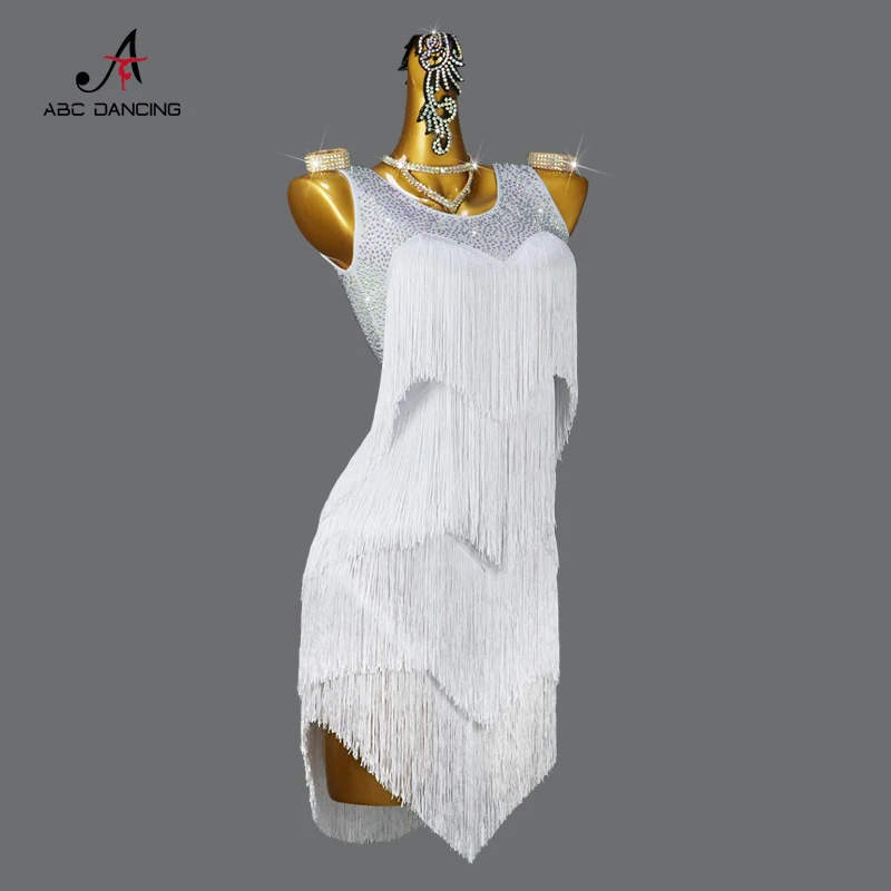 Vestido de baile latino blanco con flecos para mujer, ropa deportiva Sexy para fiesta de salón, Falda corta, ropa de Samba de competición profesional para adultos