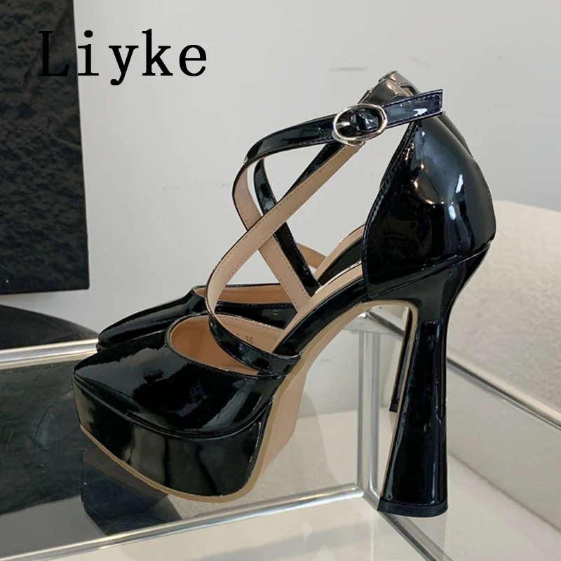 Liyke 2024 Spring Autumn Women Platform Pumps Black Pointed Toe Buckle Strap Super High Heels Pole Dance Shoes Zapatos Mujer