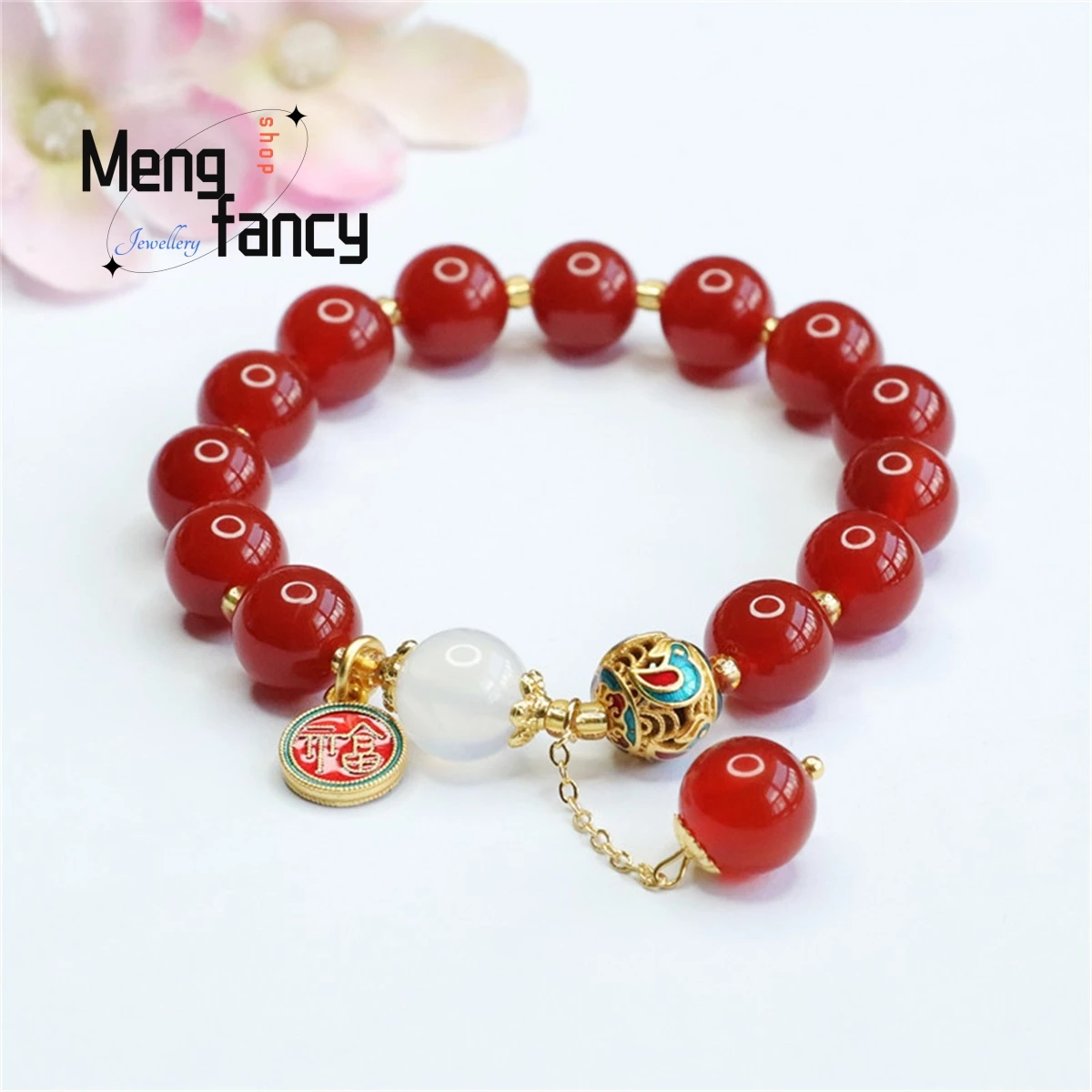 

Natural Red Agate White Jade Pith Round Bead Fu Brand Tassel Bracelet Simple Personalized Versatile Retro Exquisite Charm Women